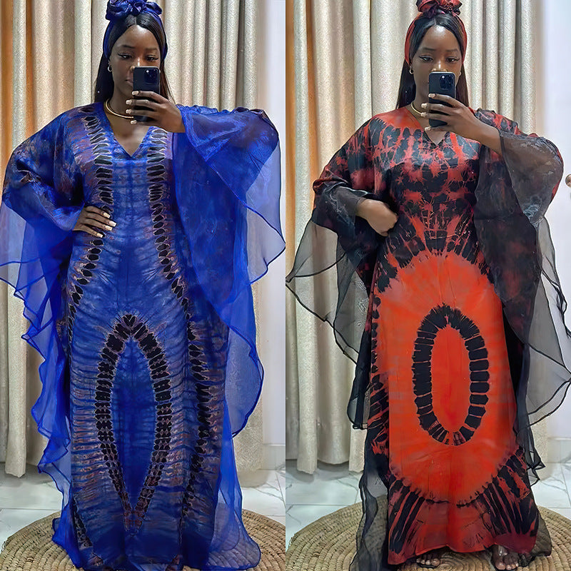 African print kaftan maxi dress with wide sheer mesh oversleeves and a V neckline
