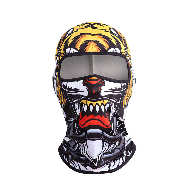 Orange Tiger print full-face balaclava with a red mouth and fangs, summer style, on white