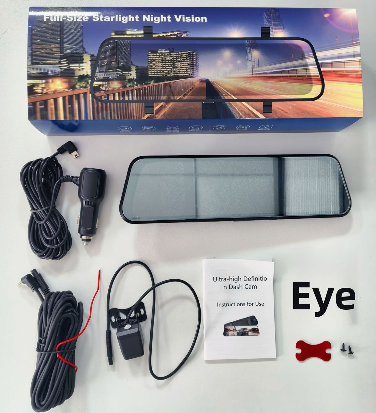 Full size mirror dash cam in its box with a rear camera, cables and manual, option image for 10in Touch 1296P
