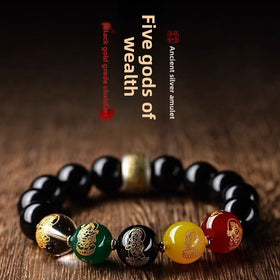 Five-Way God of Wealth Obsidian Bracelet