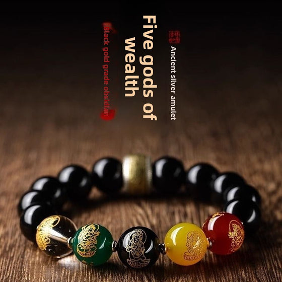 Five-Way God of Wealth Obsidian Bracelet