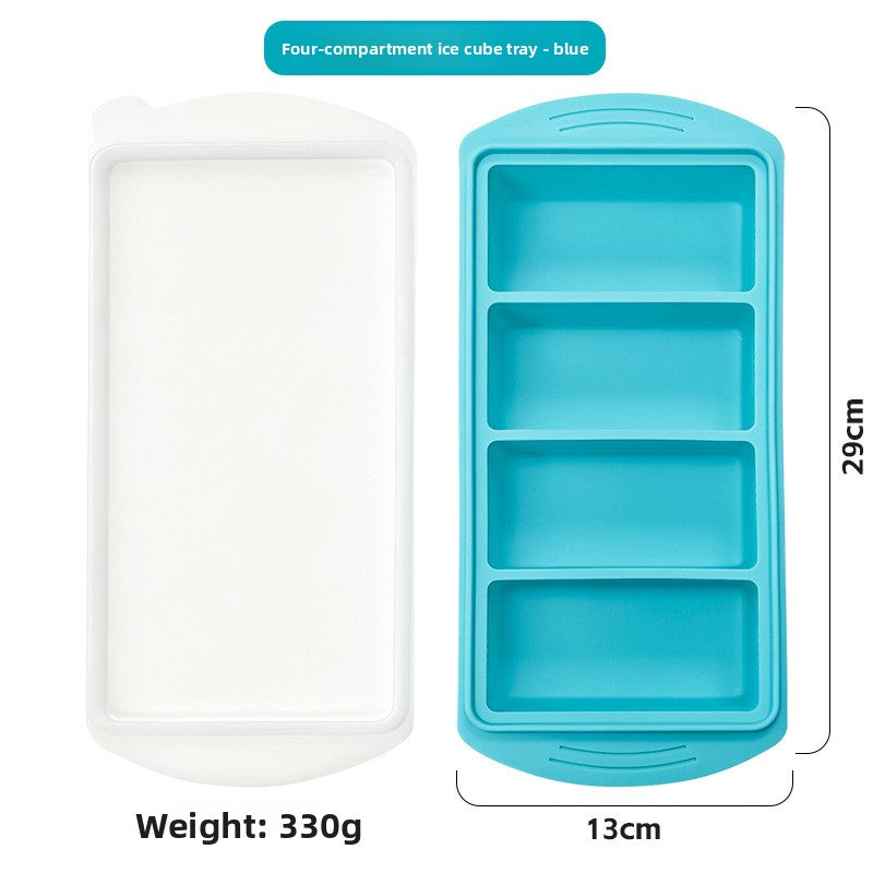 Four compartment silicone tray beside its white lid, 29 cm long, 330 g, option 4 Cavities 29 cm Tray, Turquoise