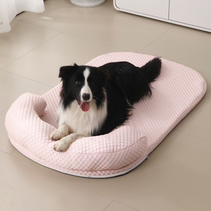 Summer cooling mat for a cat or dog with a raised bolster and cool touch cover