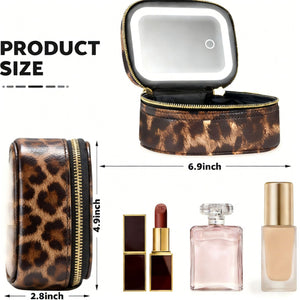 Leopard print makeup case open with a bright LED lit mirror and gold zip