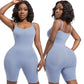 Light blue seamless shaping bodysuit on a model, front and back with curved seams at the seat