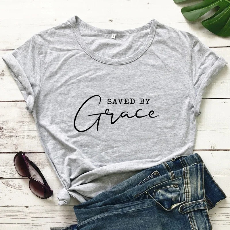 Relaxed round neck cotton t-shirt with a centered Saved by Grace front print