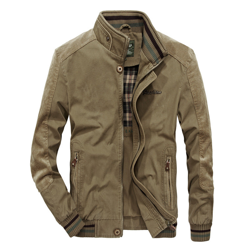Khaki stand collar bomber jacket with full zip, plaid lining at the neckline and striped ribbed cuffs and hem