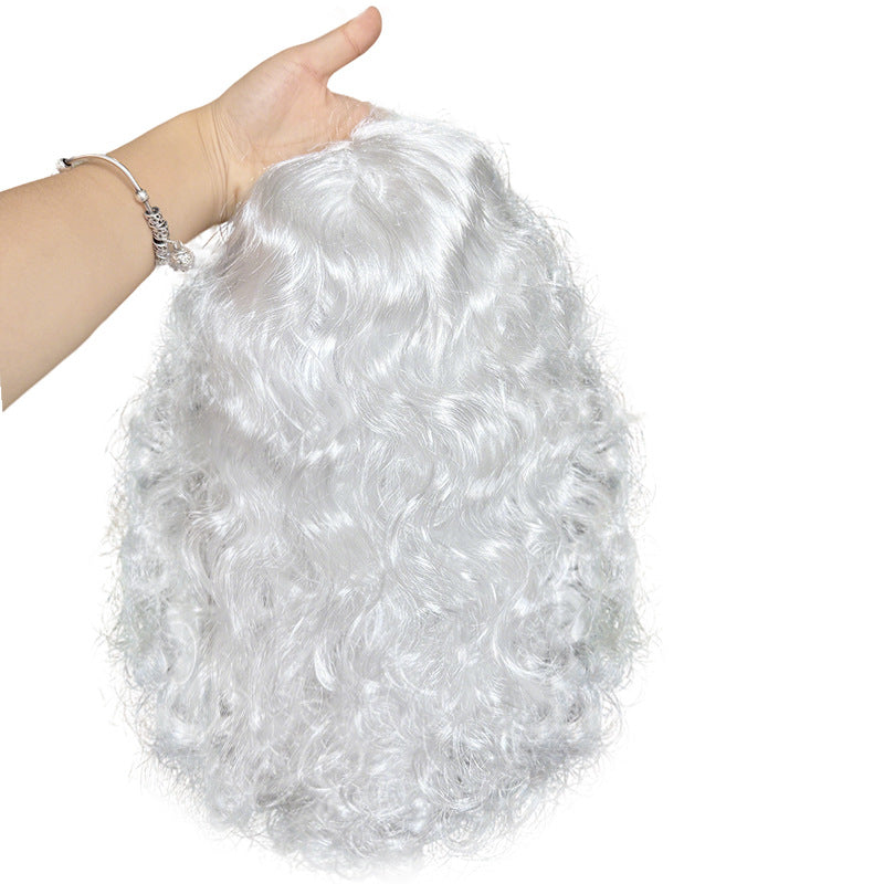 White curly synthetic Santa Claus costume wig shown as a pull on cap piece