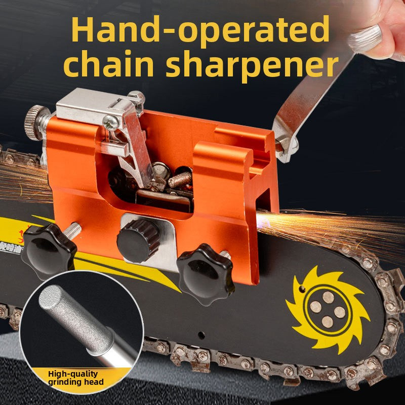Small body version of the orange manual chainsaw chain sharpener with a carbide head