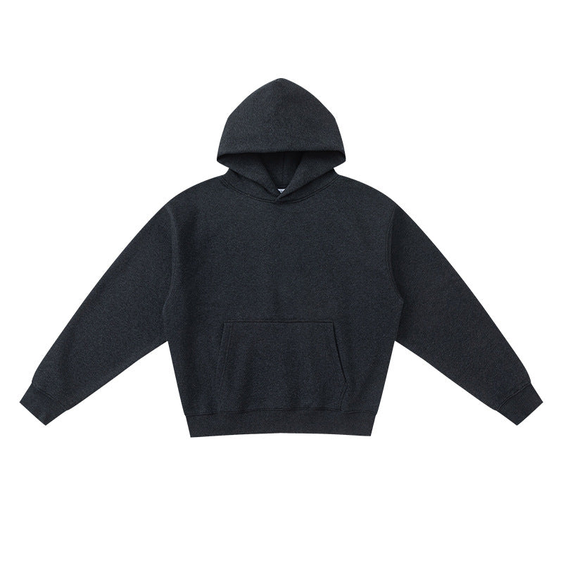 Charcoal Heather pullover hoodie with front pouch pocket and rib knit cuffs flat on white, size S option