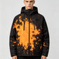 Man wearing the black hooded jacket with an orange splash ink print, option photo for size L
