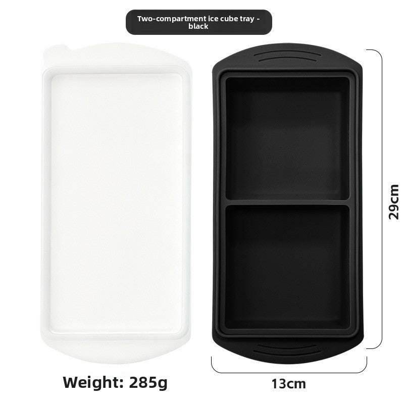 Two compartment silicone tray beside its white lid, 29 cm long, 285 g, option 2 Cavities 29 cm Tray, Black
