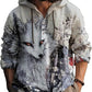 Hooded henley shirt, gray shirt with a white fox among floral kimono patterns, size S