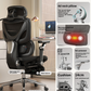 High back mesh chair with the headrest folded down flat against the top of the backrest