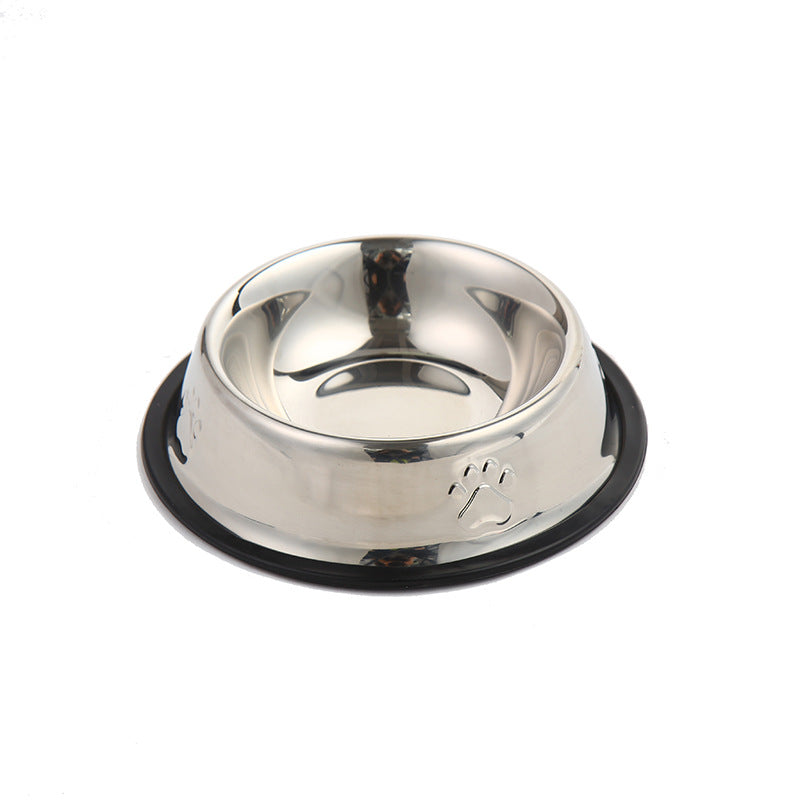 Mirror finish stainless steel pet bowl with a paw print pressed into the outer wall
