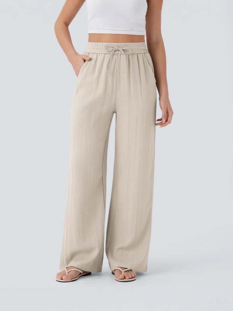 Front view of wide-leg linen yoga pants with elastic drawstring waist