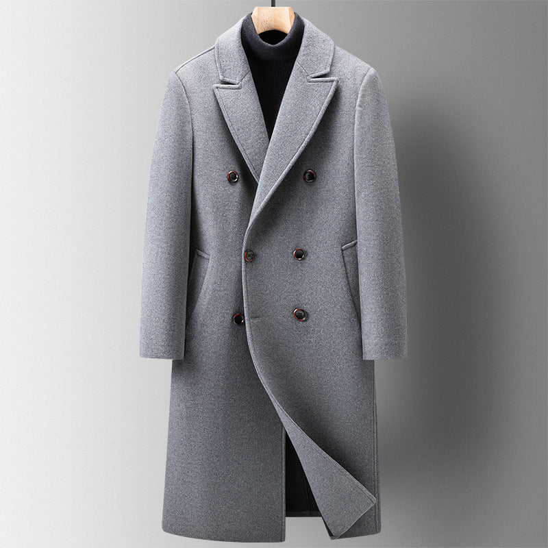 Grey double-breasted long coat with peak lapels and down liner option over a black turtleneck, size 180/XL option