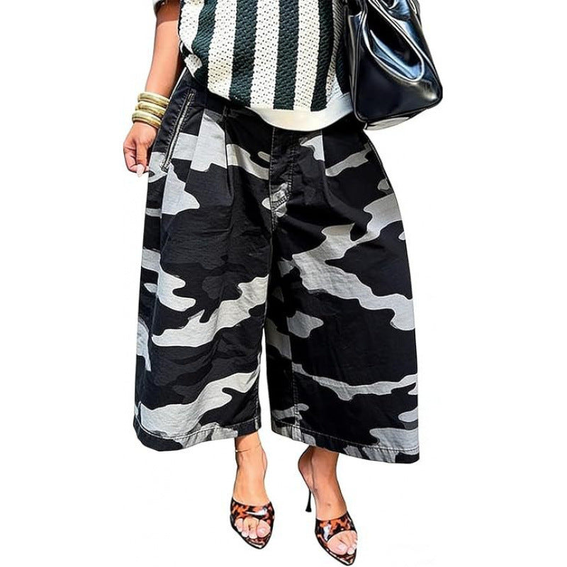 Black, white and gray camouflage wide-leg pants, Black and white option, size XL