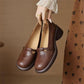 Womens Soft Leather Round Toe Thick Heel Loafers