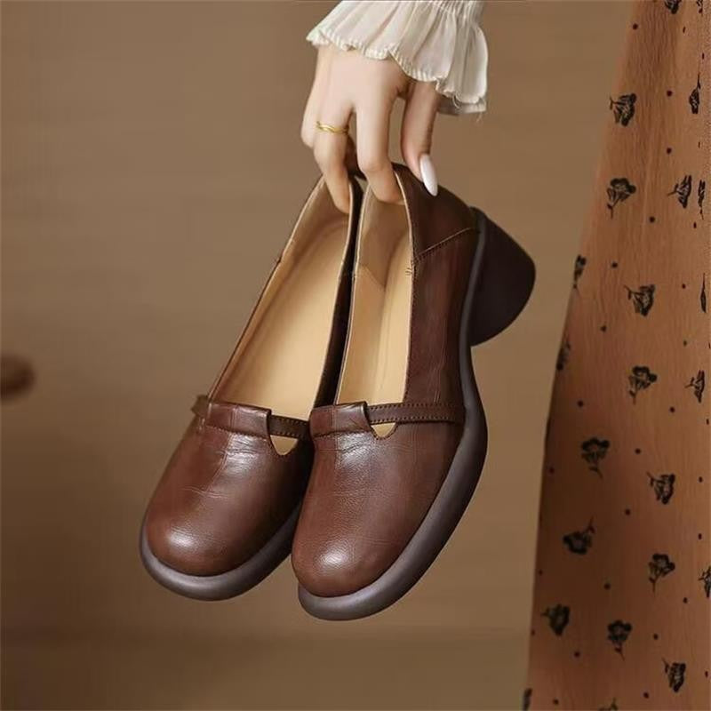 Womens Soft Leather Round Toe Thick Heel Loafers