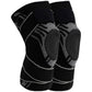 Black and gray knit knee brace with padded kneecap panel and wrap strap