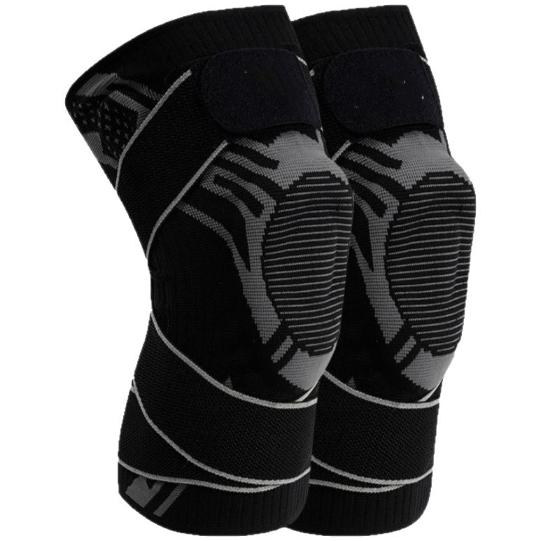Black and gray knit knee brace with padded kneecap panel and wrap strap