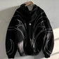 Back detail of white winged line embroidery on a black zip up hoodie