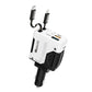 Car charger shown in black and white color options with retractable cables and display