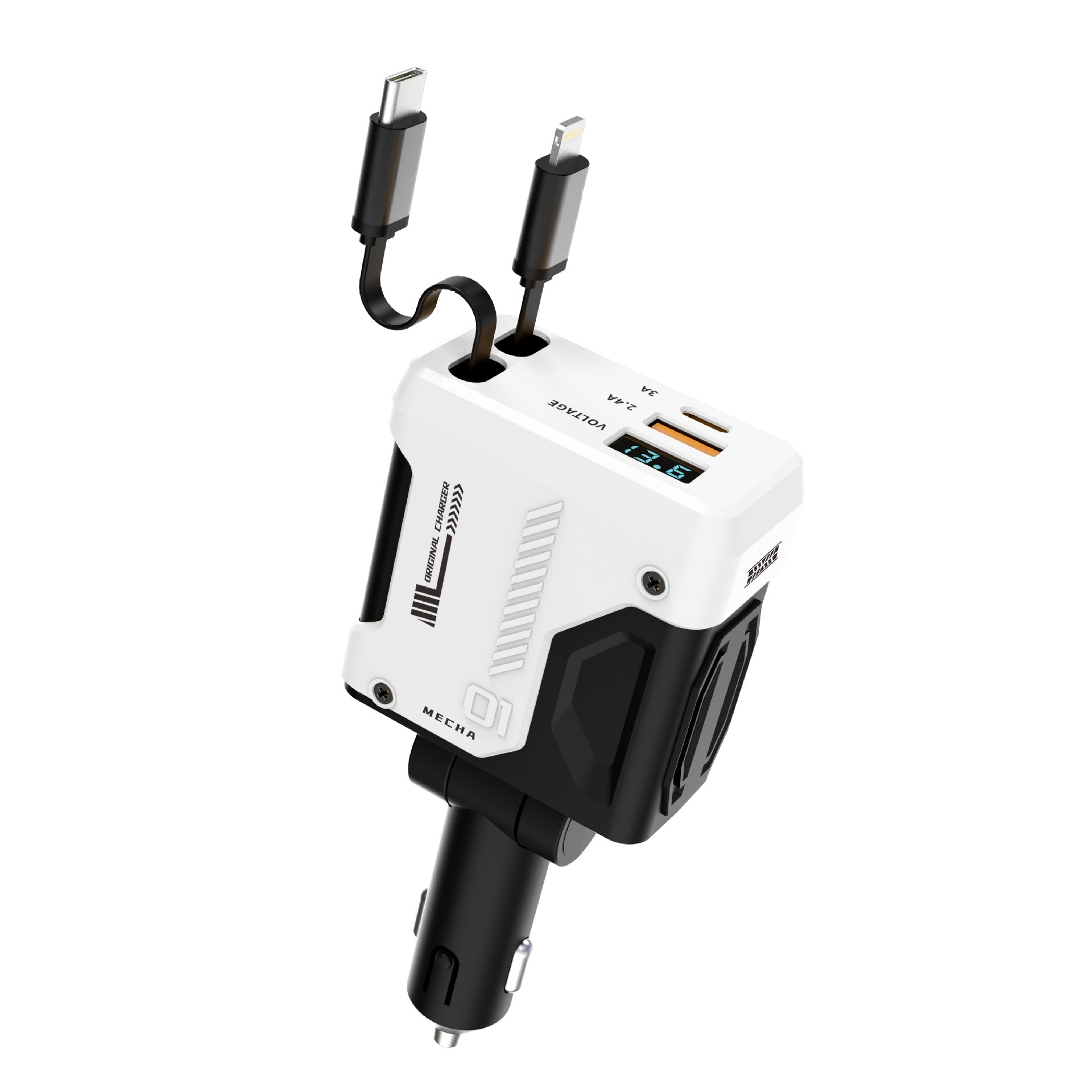 Car charger shown in black and white color options with retractable cables and display