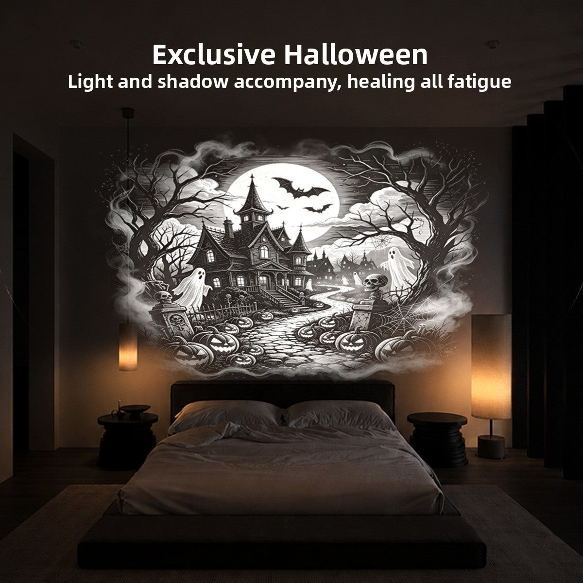 Black and white haunted house scene with bats and ghosts projected on the wall above a bed in a dark bedroom
