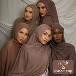 Five women wearing soft modal rayon hijab scarves in warm neutral tones with matching inner caps