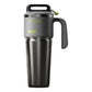 Gray insulated stainless steel travel mug with a lid handle and a molded side carry handle on white