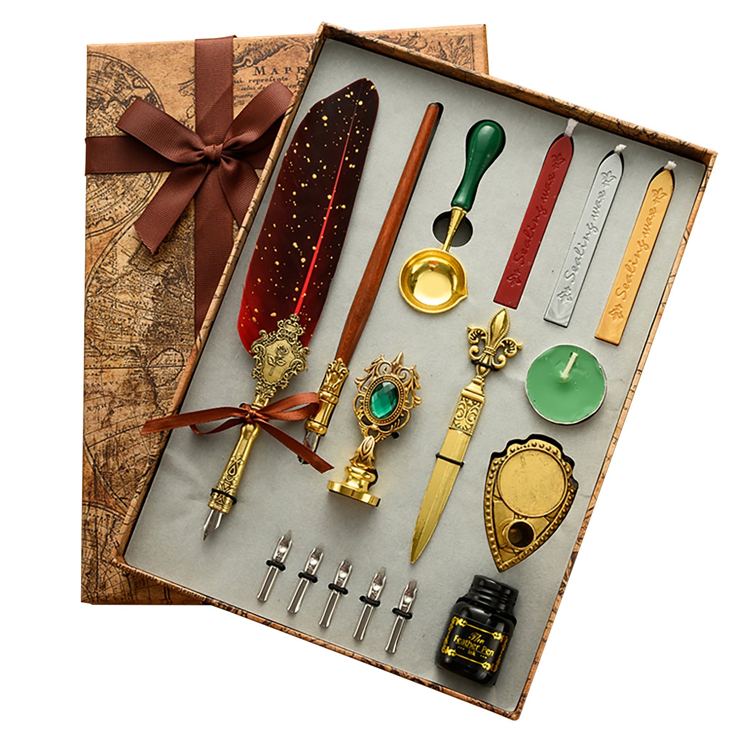 European style feather dip pen with a stainless steel nib, gold flecked resin barrel and ornate gold tone grip