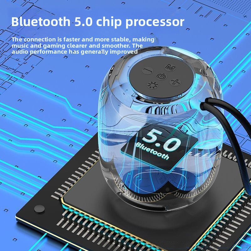 Top control buttons of the compact Bluetooth speaker with the rhythm light ring lit