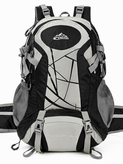 Black and light gray hiking backpack with hip belt, side mesh pockets and two front buckle straps, front view