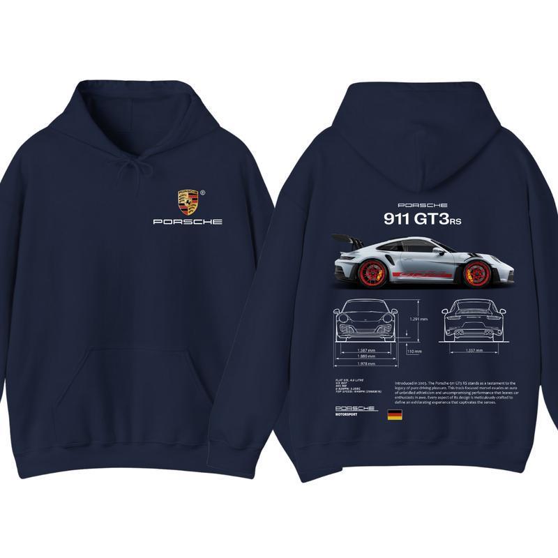 Navy cotton hoodie, front and back, with crest on the chest and 911 GT3 RS back print, option size 4XL