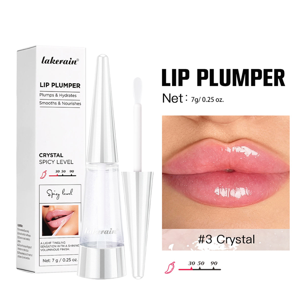 Lakerain lip plumper shade 3 Crystal bottle and box with a close up of glossy lips, 7 g net