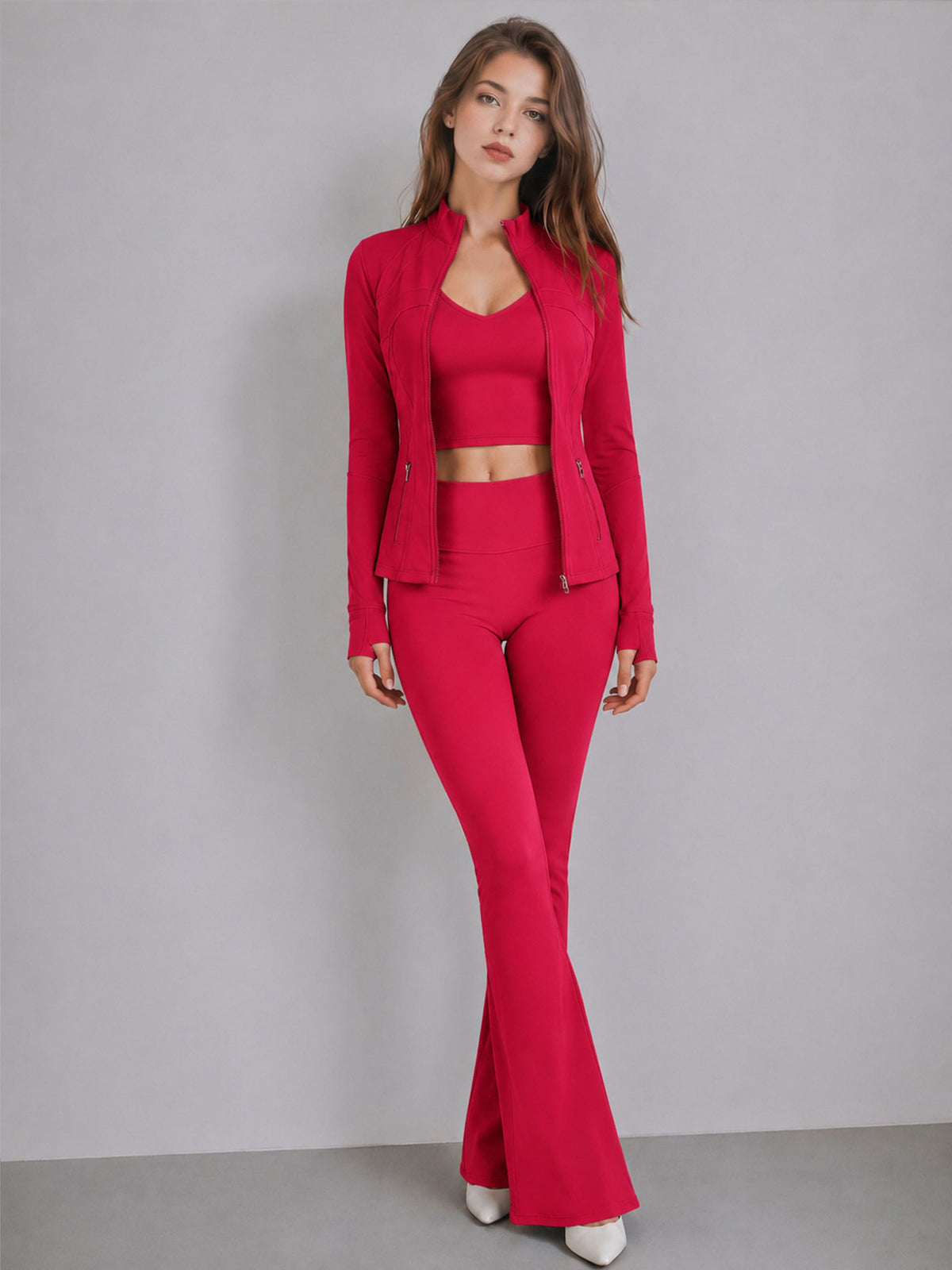 Stand collar zip jacket with thumbholes from the womens activewear set