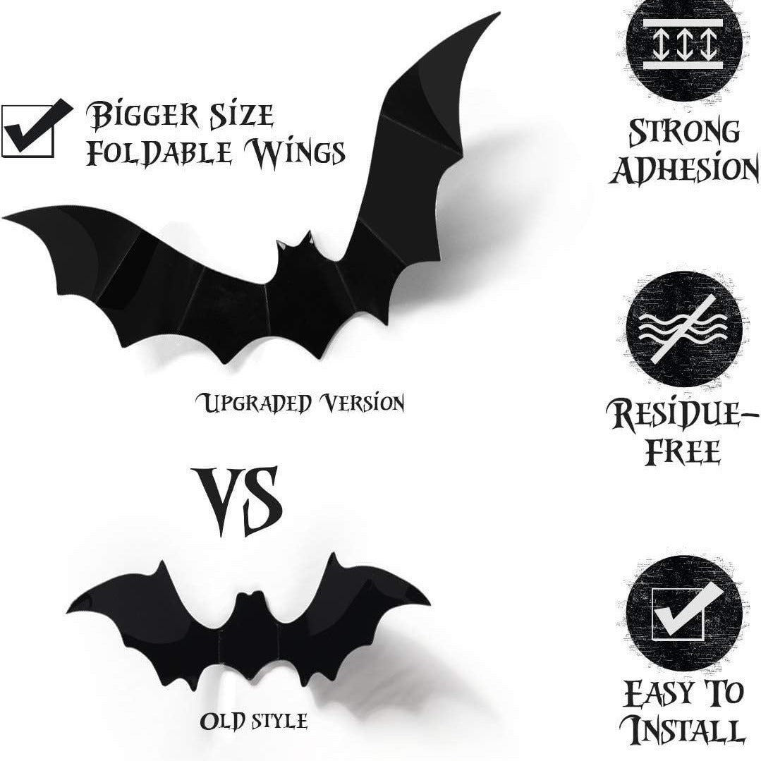 Black 3D bat wall sticker with raised wings standing off a pale wall surface
