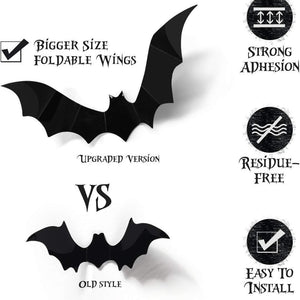 Black 3D bat wall sticker with raised wings standing off a pale wall surface