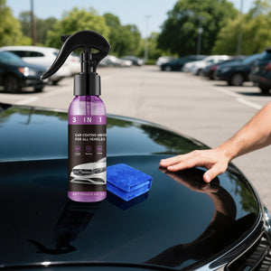 Purple coating spray and a folded blue microfibre cloth on a black car bonnet in a car park