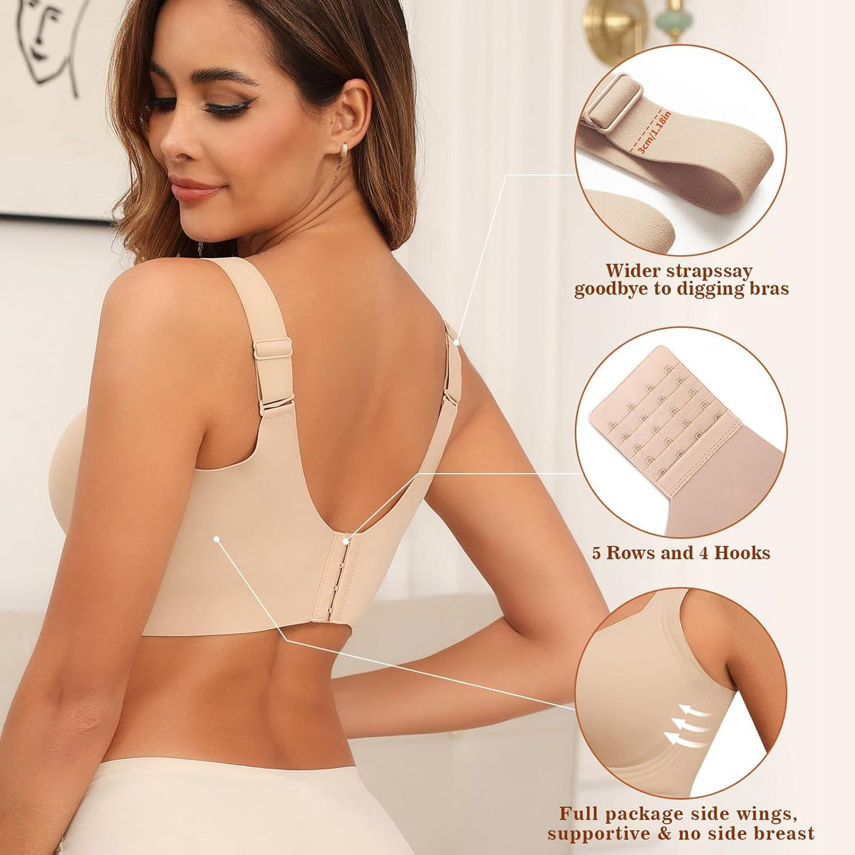 Back view of a woman in a nude wireless bra, with callouts on wider straps and rows of hooks