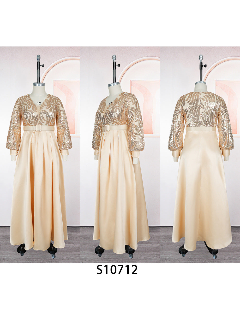 Sequin mesh bodice maxi dress with lantern sleeves and a wide satin skirt, worn view