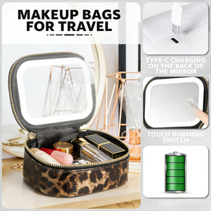 Black PU makeup case open showing a lit LED mirror set into the lid
