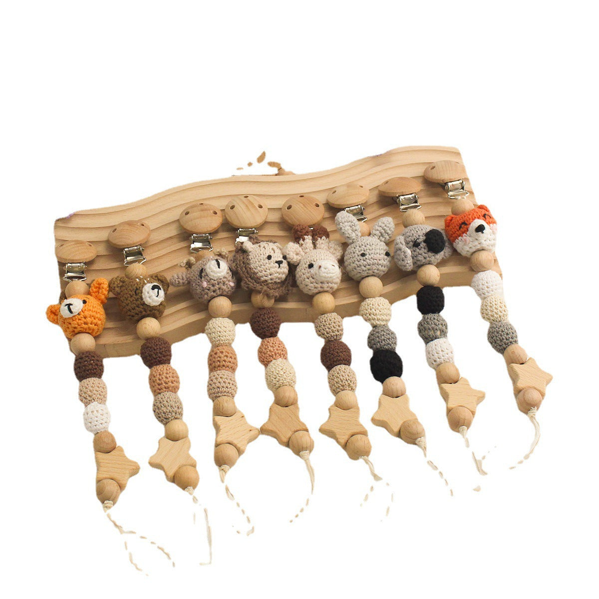 Pacifier chain teether side profile showing wood beads and cord