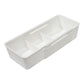 Single white drawer organizer box with a movable divider creating three open compartments