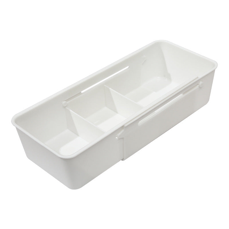 Single white drawer organizer box with a movable divider creating three open compartments