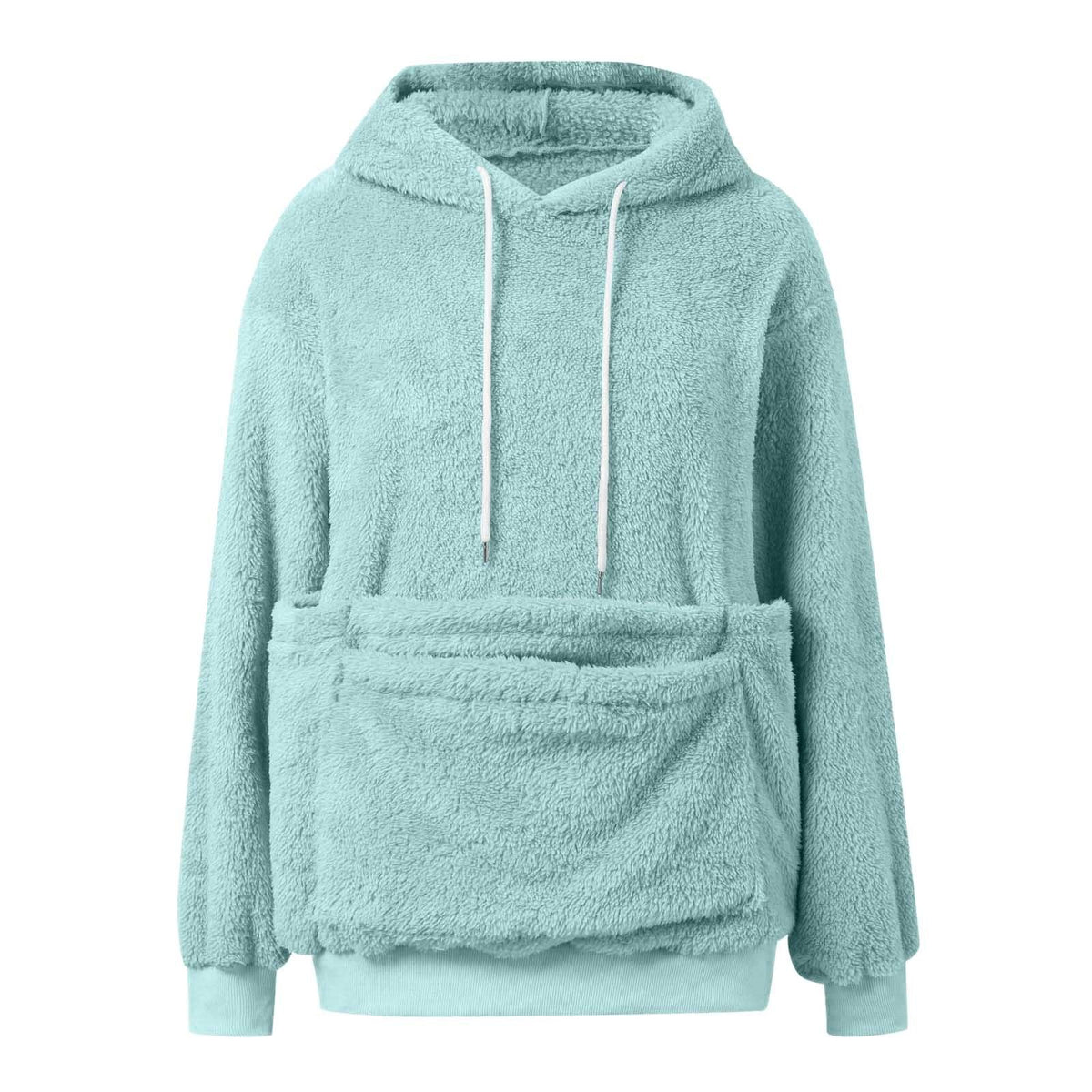 Aqua double sided fleece hooded sweatshirt flat view with white drawstrings and large front pocket