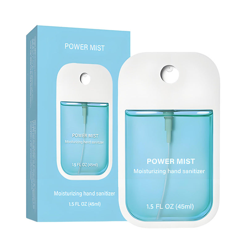 Light blue aloe POWER MIST paper box and matching flat 45 ml hand spray bottle on a white background