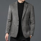 Mens checkered wool blend two button blazer in grey, glen check fabric close up